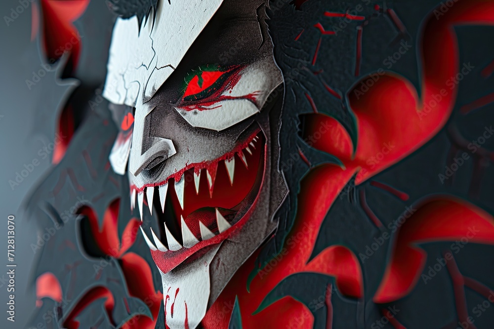 Obraz premium A close-up of a vampire face with sharp fangs and blood red eyes Halloween art design vampire fangs