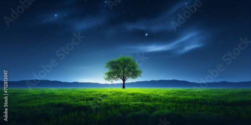 tree in the grass field in the night