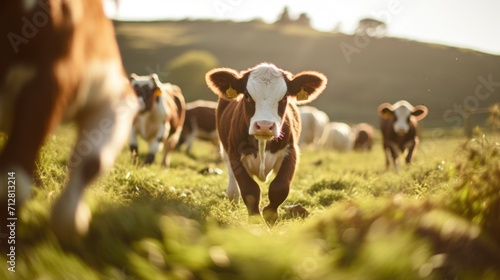 With the rolling hills as their playground, energetic calves leap and gambol, their innocent excitement a charming sight on this bustling cattle farm.