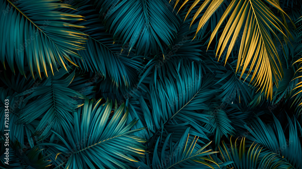 A vibrant array of blue and yellow leaves adorns a majestic palm tree, creating a striking contrast against the lush greenery of the arecales plant family