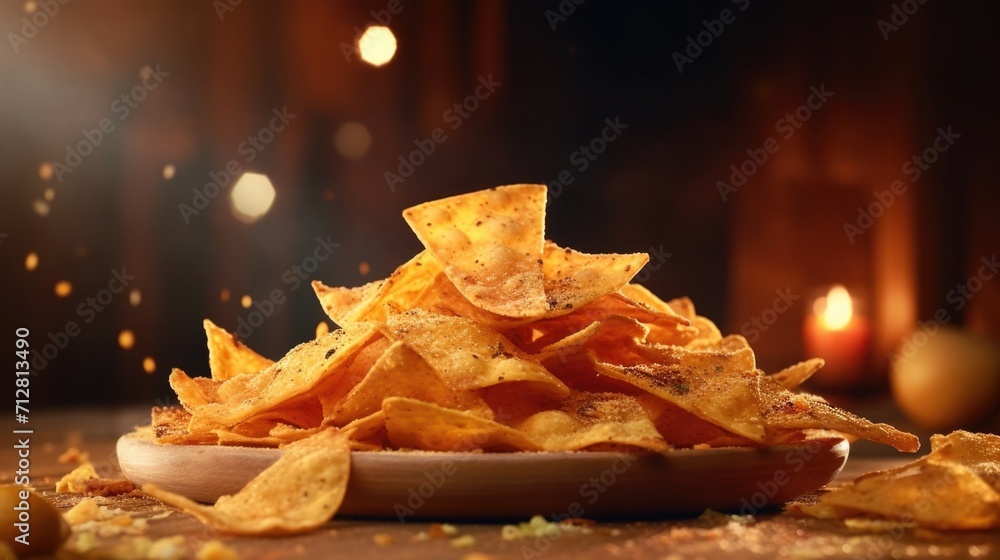 A tempting food shot showcasing a stunning arrangement of crispy tortilla chips, artfully piled high with layers of savory cheese, glistening with a slightly smoky aroma. A tempting food shot showcasing a stunning arrangement of crispy tortilla chips, artfully piled high with layers of savory cheese, glistening with a slightly smoky aroma.