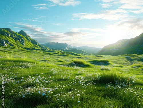 Verdant Valleys: Expansive Green Meadow Under a Bright Sky in Mountainous Terrain
