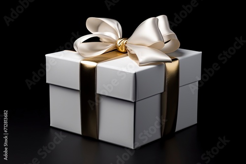 an elegant white present box with gift ribbon, in the style of black background, photobash, adafruit, bold images, transfer, classicist - generative ai photo