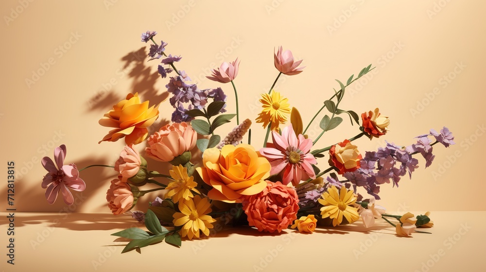 Colorful flower arrangements with shadow on a beige col 0ba, generative ai Colorful flower arrangements with shadow on a beige col 0ba, generative ai