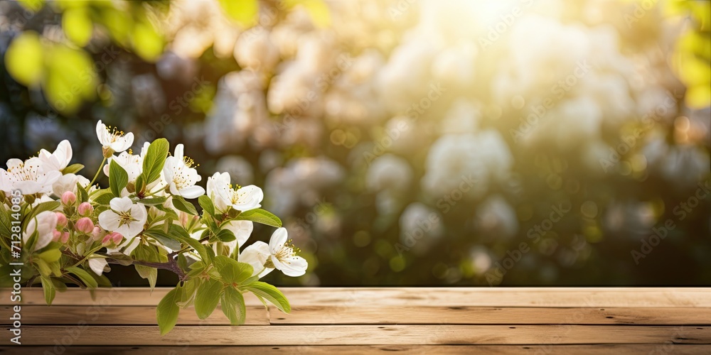 Sunlights and blossoms in front of a wooden table in a spring apple garden. Sunlights and blossoms in front of a wooden table in a spring apple garden.