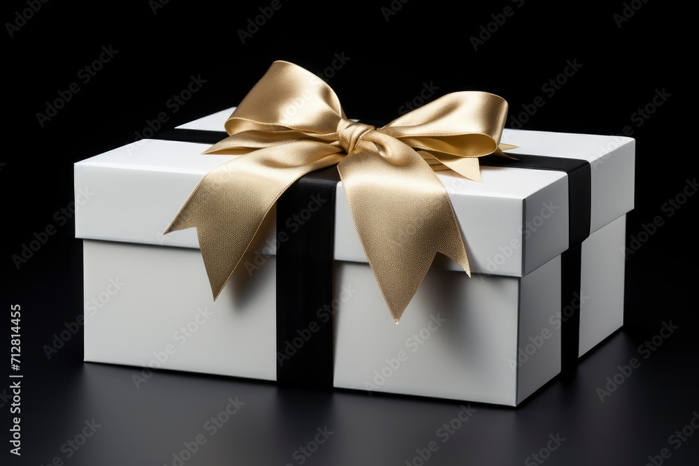 an elegant white present box with gift ribbon, in the style of black background, photobash, adafruit, bold images, transfer, classicist - generative ai an elegant white present box with gift ribbon, in the style of black background, photobash, adafruit, bold images, transfer, classicist - generative ai