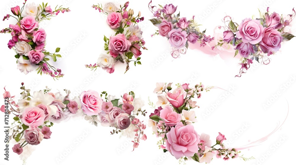 Spring sakura cherry blooming flowers bouquet. Isolated realistic pink petals, blossom, branches, leaves vector set. Design spring tree illustration,generative ai Spring sakura cherry blooming flowers bouquet. Isolated realistic pink petals, blossom, branches, leaves vector set. Design spring tree illustration,generative ai