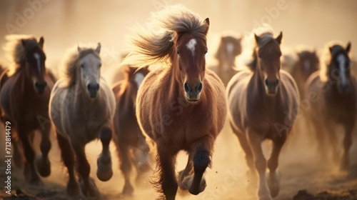 The wind whips through their manes, their muscles rippling under their sleek coats, as the herd of horses race freely on the sprawling farm, a symbol of untamed beauty and strength. © Justlight