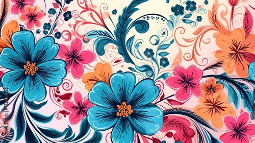 pink blue and orange vector flowers bunches with seamle,  generative ai photo