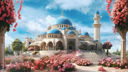 Islamic animation with beautiful grand mosque architecture and flowers with butterflies flying in the garden against the backdrop of the daytime sky. seamless looping 4k video animation background. photo