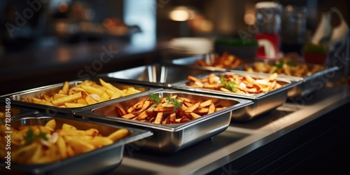 Hotel restaurant serves breakfast with warm buffet containers and potato sticks. photo
