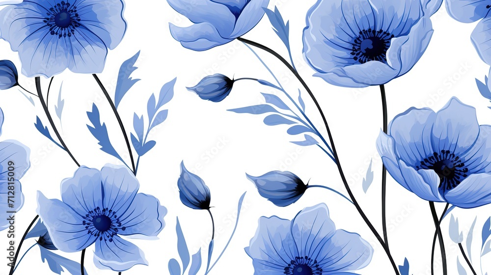 seamless pattern with blue flowers_and bud on white bac, generative ai