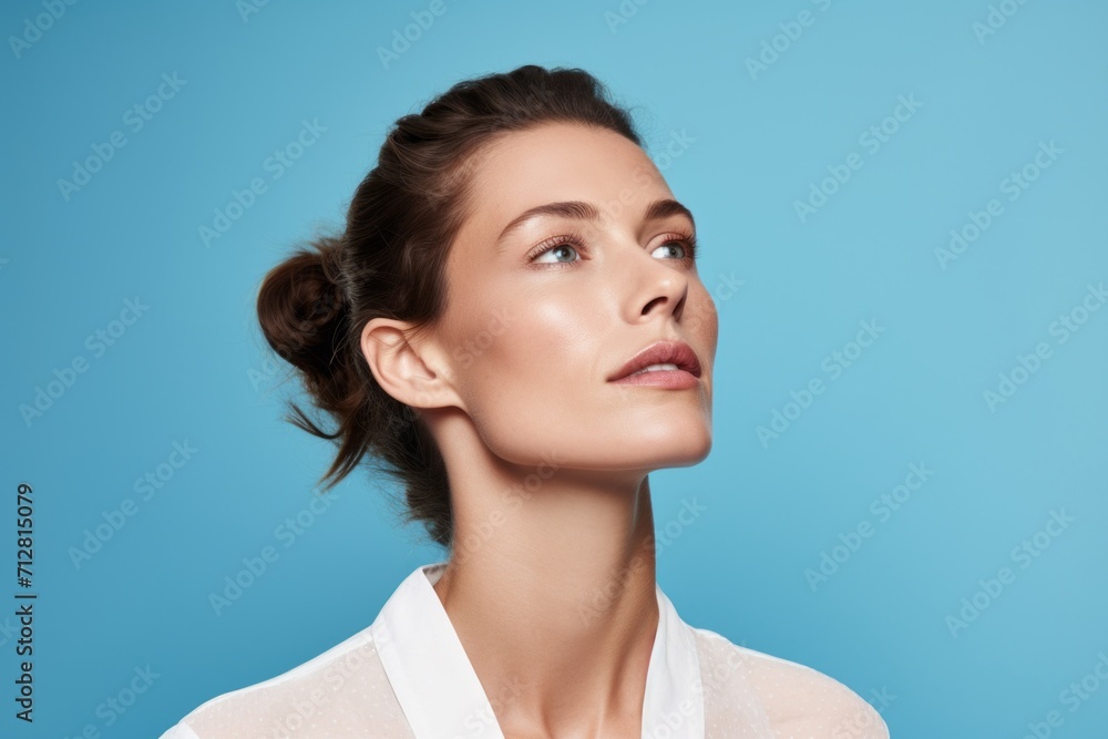 Beauty portrait of young woman with clean fresh skin on blue background Beauty portrait of young woman with clean fresh skin on blue background