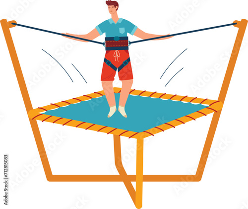 Young man exercising on a trampoline, wearing sportswear, involved in fitness activity. Workout routine and full-body exercise vector illustration.