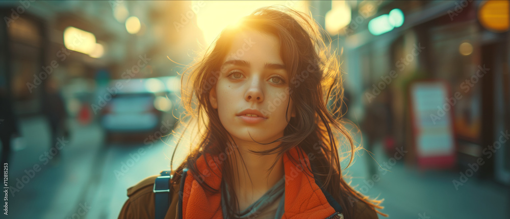 Urban Serenity: Young Woman Embraces City Life at Sunset, Her Contemplative Gaze Reflecting the Warmth of the Dying Light