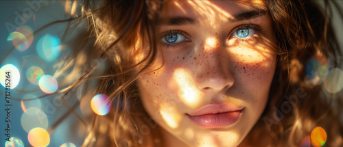 Captivating Close-Up: The Alluring Gaze of a Freckled Woman with Sunlit Hair and Sparkling Blue Eyes