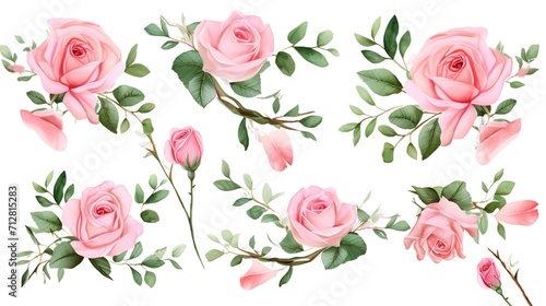 Spring sakura cherry blooming flowers bouquet. Isolated realistic pink petals  blossom  branches  leaves vector set. Design spring tree illustration generative ai