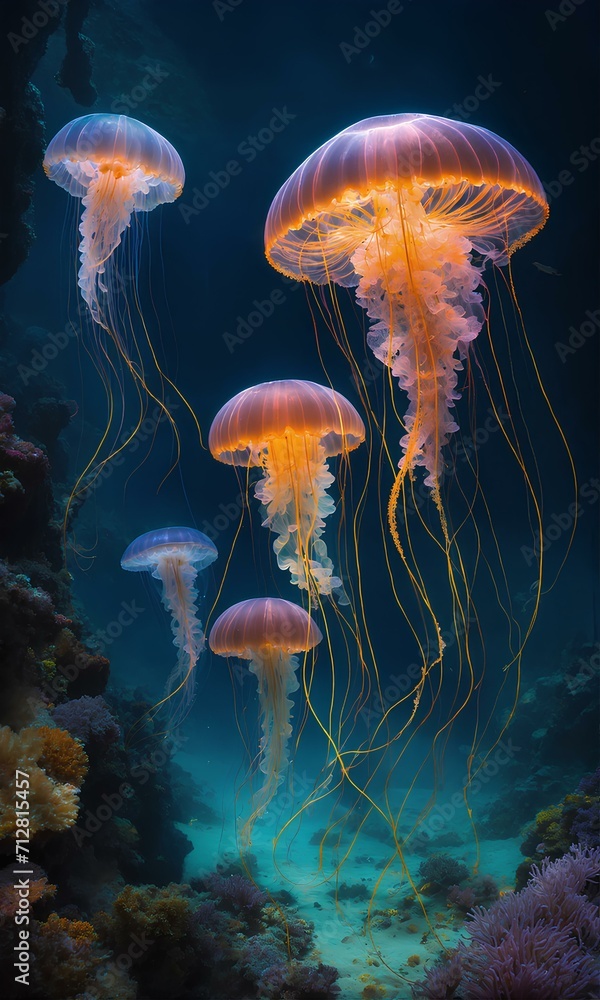 水に浮かぶ美しいクラゲ、海|Beautiful jellyfish floating in the water, sea. Generative AI 水に浮かぶ美しいクラゲ、海|Beautiful jellyfish floating in the water, sea. Generative AI