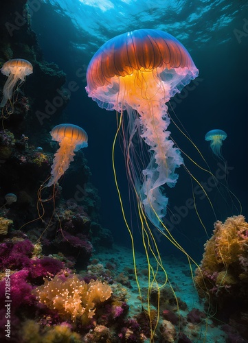 水に浮かぶ美しいクラゲ、海｜Beautiful jellyfish floating in the water, sea. Generative AI © happy Wu 