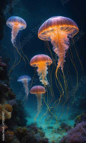 水に浮かぶ美しいクラゲ、海｜Beautiful jellyfish floating in the water, sea. Generative AI