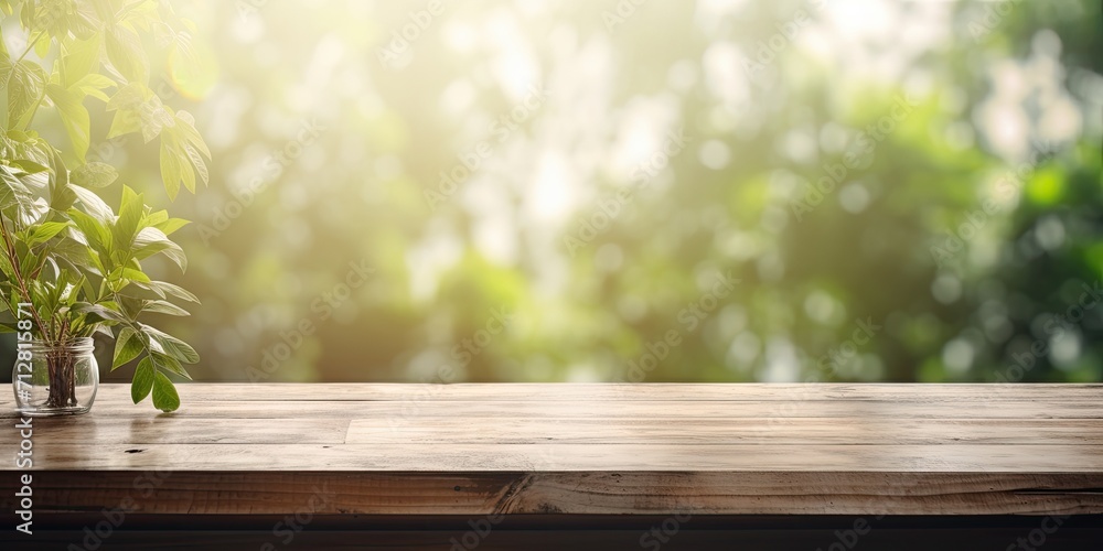 Soft focus window background with wooden table surface - obrazy, fototapety, plakaty 