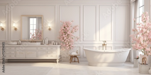 Modern luxury bathroom with a white wall adorned with a flower stucco decoration.