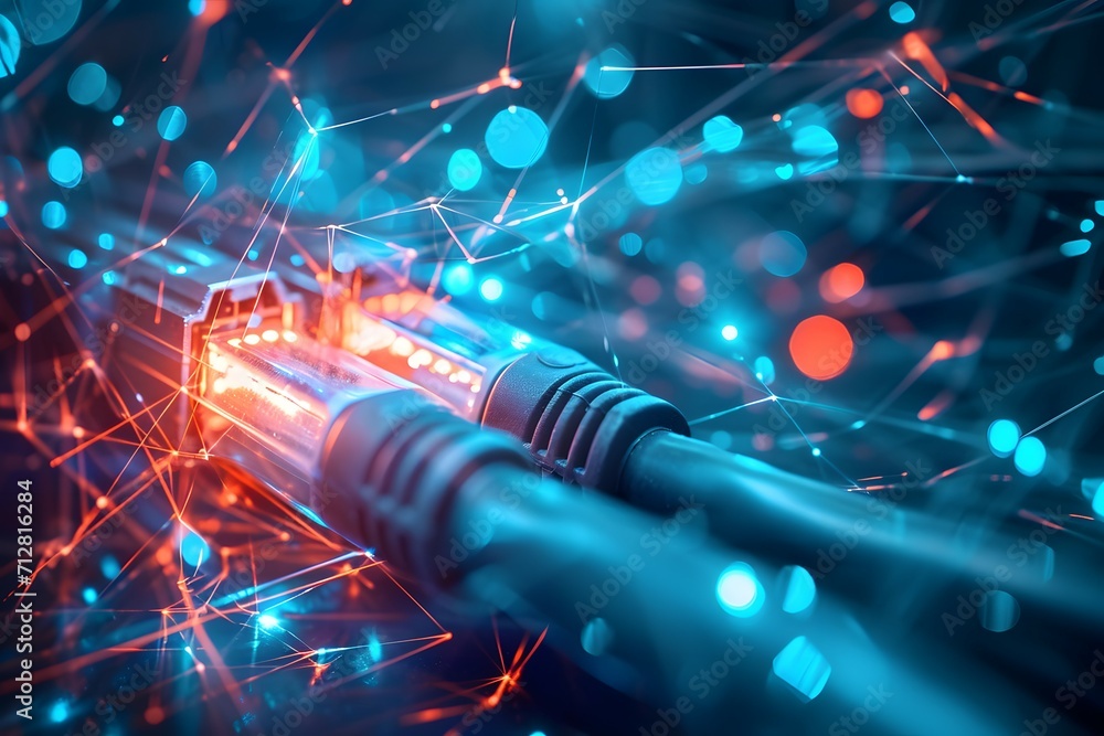 Close-up of glowing fiber optic transmission, symbolizing high-speed internet connectivity - obrazy, fototapety, plakaty 