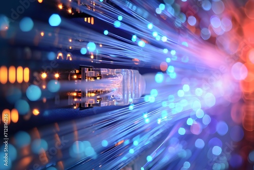 Close-up of glowing fiber optic transmission, symbolizing high-speed internet connectivity © Rax Qiu