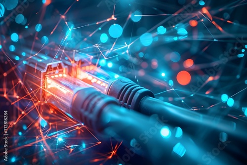 Close-up of glowing fiber optic transmission, symbolizing high-speed internet connectivity photo