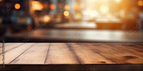 Blurred coffee shop background with wooden table upfront.