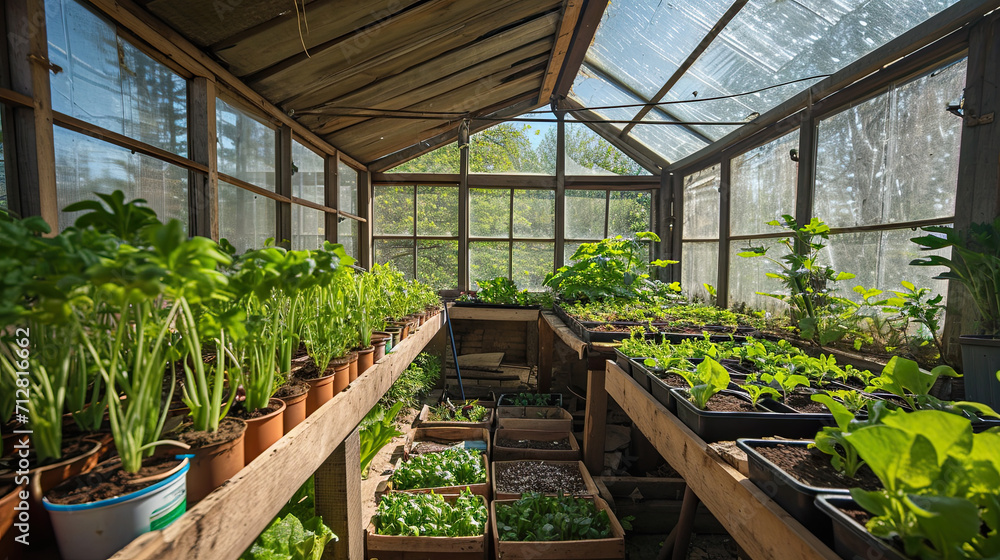 interior of large greenhouse filled with rows of healthy green growing plants 
