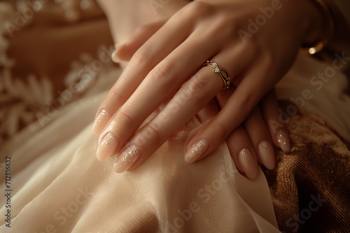 Close-up shot of a female hand resting on a plush velvet cushion, showcasing a flawless nude gel manicure with delicate nail art photo