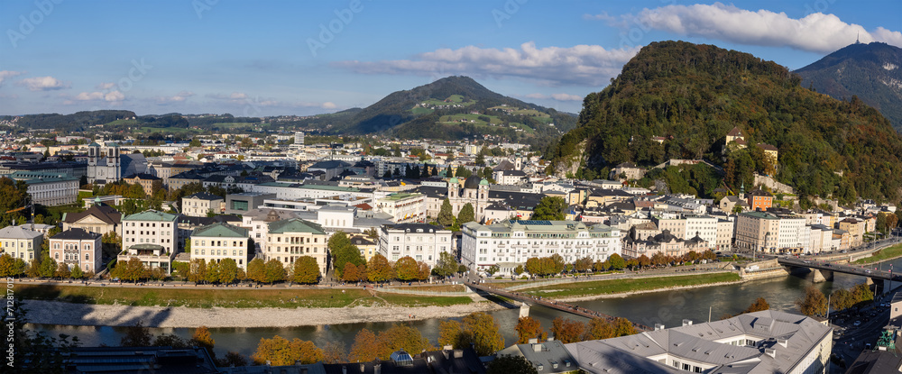 Aerial Panoramic View of the historic city of Salzburg city and Salzach river at Salzburg, Austria.