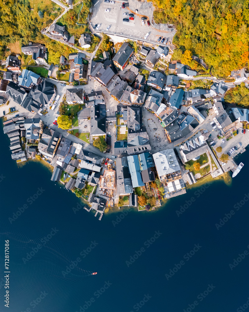 Fototapeta premium Aerial view of beautiful Hallstatt town and Hallstattersee in Austria, UNESCO world heritage site.