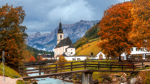 Famous church in the middle of Alp mountains at Ramsau village near Berchtesgaden, Germany. photo