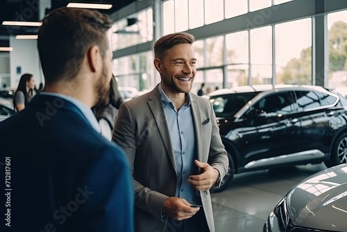 Smiling Car Salesman Talking with Potential Customer in Showroom © KirKam