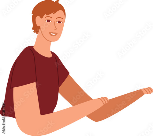 Young caucasian male stretching leg before exercise. Casual athlete performing warm-up routine. Fitness, wellness, and self-care vector illustration.