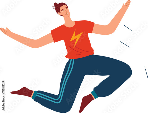 Happy young man jumping with joy in casual clothes. Enthusiastic male character celebrating success expression of happiness and freedom vector illustration.