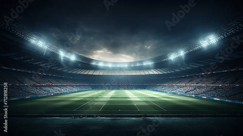 empty football stadium in light rays at night 3d rendering