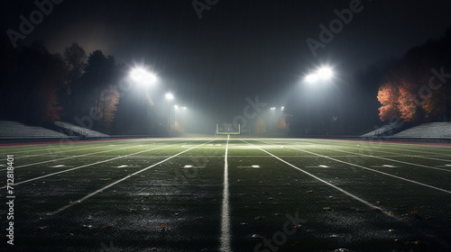 football field illuminated by stadium lights at night
