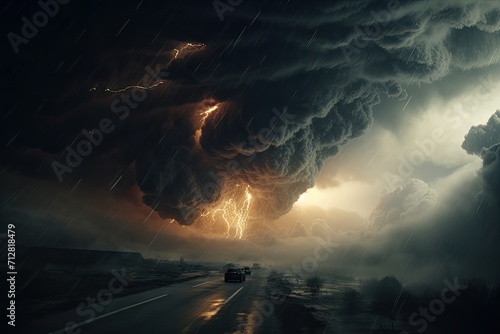 Apocalyptic Storm with Dramatic Lightning over Highway