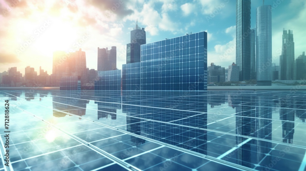 Solar panels with city skyline in background Ai Generative Solar panels with city skyline in background Ai Generative