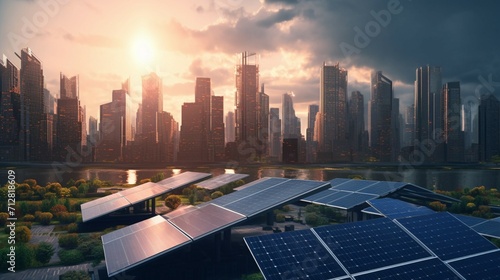 Solar panels with city skyline in background Ai Generative