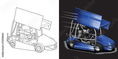 Outline and painted racing car. Isolated in black background, for t-shirt design, print, and for business purposes.