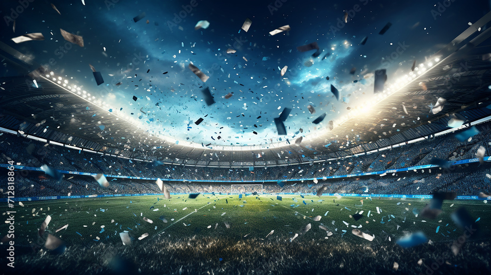 football stadium background with flying confetti - obrazy, fototapety, plakaty 