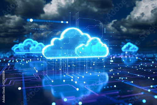 Digital illustration of cloud computing networks with glowing cloud icons and data flow pathways photo