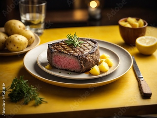 Steak with potatoes and rosemary on a wooden table. Restaurant.