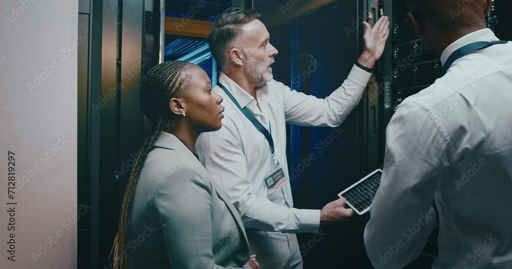 Technician, planning and tablet in server room for programming, engineering and cloud computing teamwork. Senior manager or group of people in data center, digital technology and system gdpr training