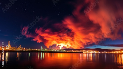 The night sky plays host to a fiery spectacle, as refinery flares burn bright and send billowing smoke into the air.