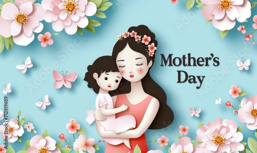Mother's Day card with mother and daughter among spring flowers